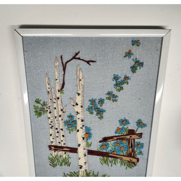Birch Trees & Flowers Cross Stitch Art Framed 14.75x11.5" Needlepoint - Picture 6 of 10